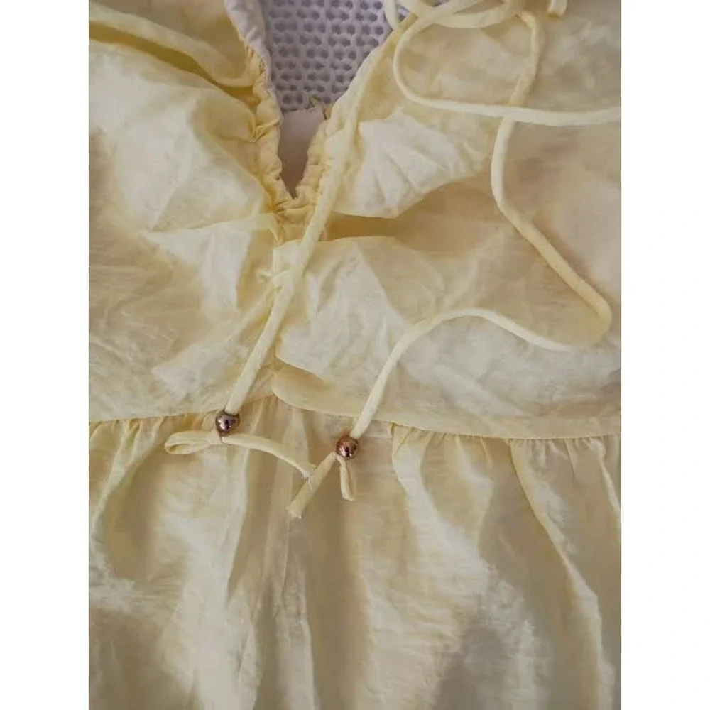 Cottagecore Boho Yellow Textured 100% Cotton Tiered‎ Maxi Halter Dress S NWOT